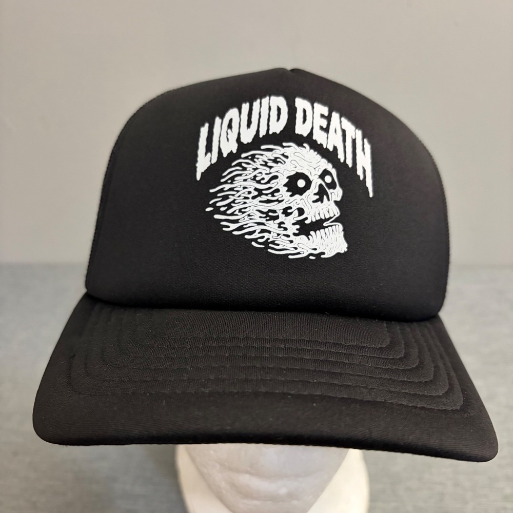 Liquid Death Trucker Hat Mens OSFA Blk Skull Graphic Murder Your Thirst Snapback